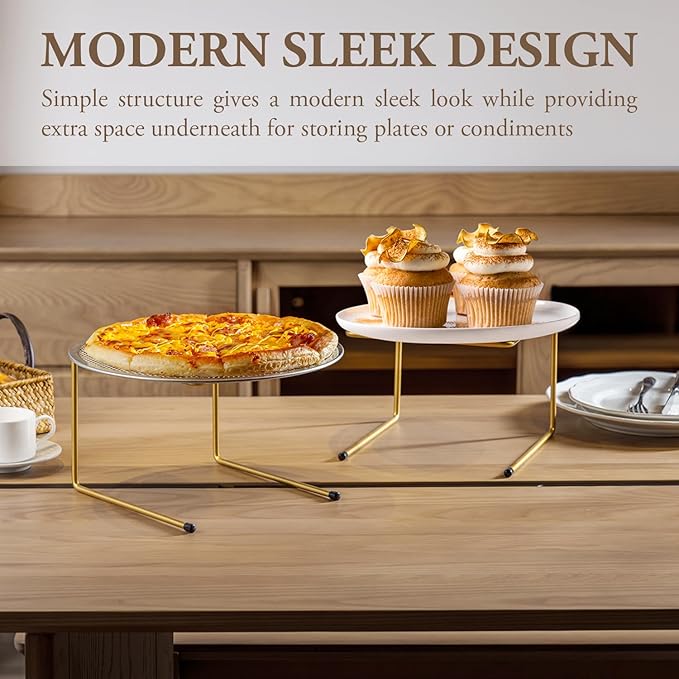 MyGift Brass Metal Pizza Table Stands, Tabletop Pizza Pan Riser Food Platter Tray and Display Rack, Set of 4