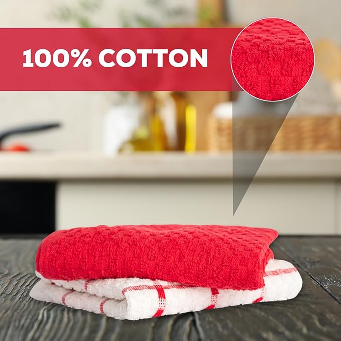 GOLD TEXTILES Kitchen Towels 6 Pack Premium 100% Cotton Dish Towels for Kitchen (15 x 25 Inches) Super Soft & Absorbent Kitchen Hand Towels for Drying Dishes, Cleaning - Reusable and Washable (Red)