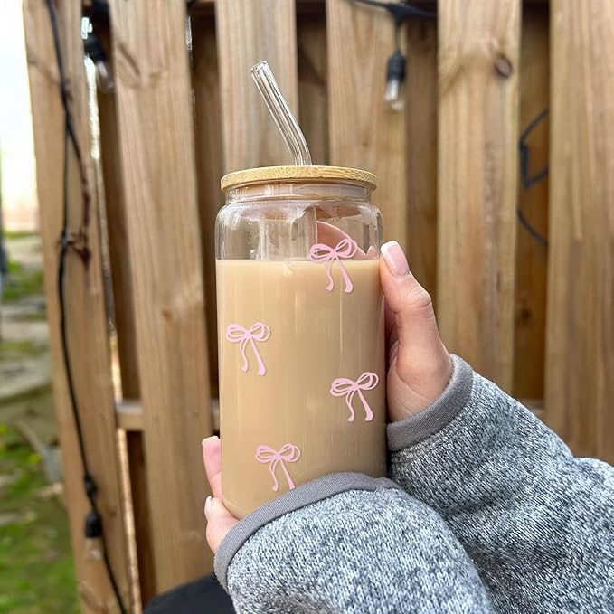 Coquette Aesthetic Glass Cups with Lids and Straws - Pink Bow Iced Coffee Cup Decor, Cute Tumbler Smoothie with Cleaning Brush&Gift Box, Gifts for Girls Women Friends, 16 oz