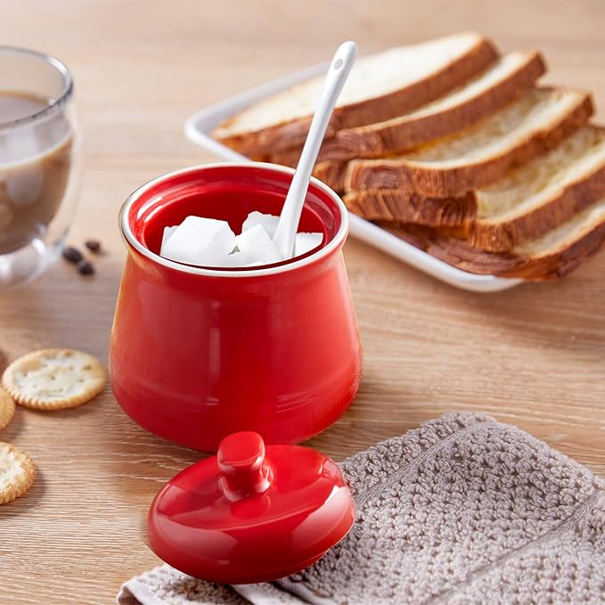 Sugar Bowl with Lid and Spoon, 12 oz Ceramic Sugar Bowl with Spoon, Sugar Container for Coffee Bar, Sugar Jar Sugar Dispenser Bowl, Red Kitchen Decor and Accessories