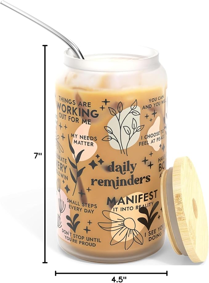 Daily Affirmation Iced Coffee Cup [Frosted], 16 oz Glass Cups with Bamboo Lids and Straws |Mason Jar Drinking & Glass Tumbler with Straw and Lid | Boba Cup, Beer Can for Mental Health