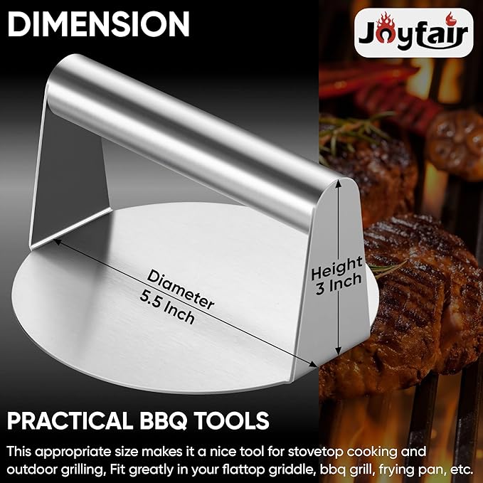 Joyfair Smash Burger Press for Griddle (5.5 Inch), Stainless Steel Hamburger Smasher, Flattop Grill Presses Accessories Tool for Bacon, Patty, Meat, Steak, Sandwich, Heavy Duty & Dishwasher Safe
