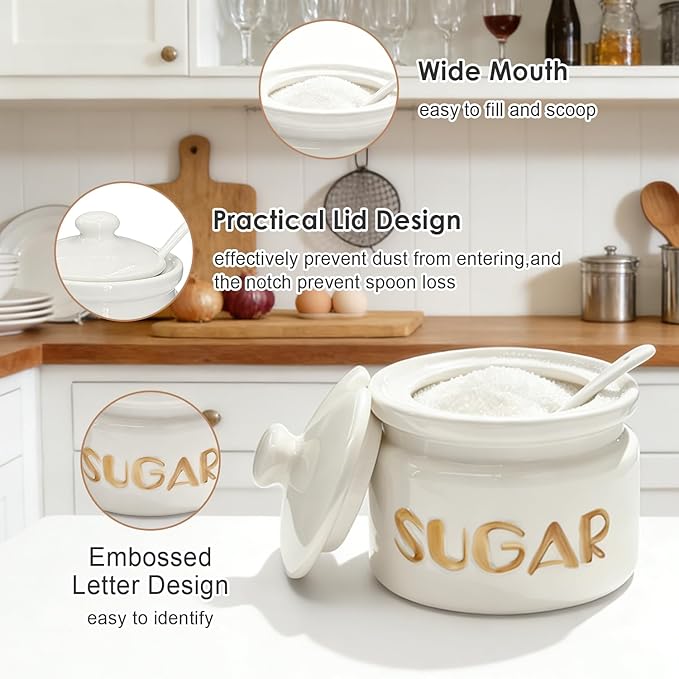 Sugar Bowl with Lid and Spoon, 10oz Ceramic Sugar Container Jar - Modern Farmhouse Style for Coffee Bar, Tea Station, Kitchen Countertop & Dining Table Decor, White