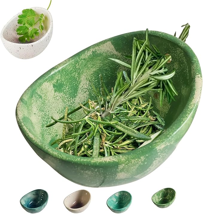 New 4-Slot Herb Stripper，Handmade Firing Herb Stripper Bowl，Pottery Herb Stripper Bowl ，Suitable for Kale, Basil, Rosemary, Etc (Blue and White Porcelain)