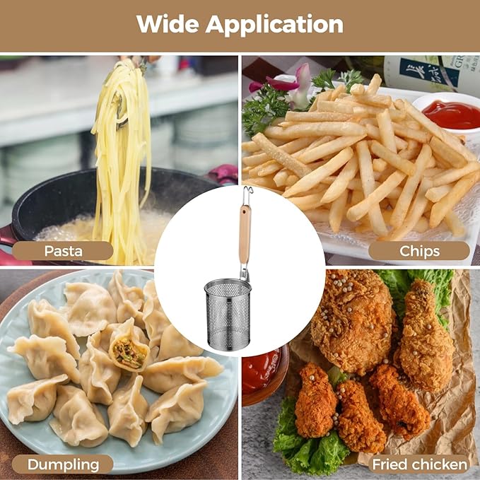 Stainless Steel Pasta Strainer, 4 Pcs Noodle Dumpling Strainers, Blanching Baskets with Wood Handle, Mesh Spider Strainer for Pasta, Noodle, Dumpling (4.6"D x 5.9"H)