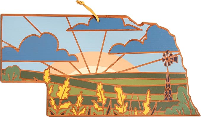 Totally Bamboo Nebraska State Shaped Cutting Board and Charcuterie Serving Platter with Artwork by Summer Stokes, Includes Hang Tie for Wall Display