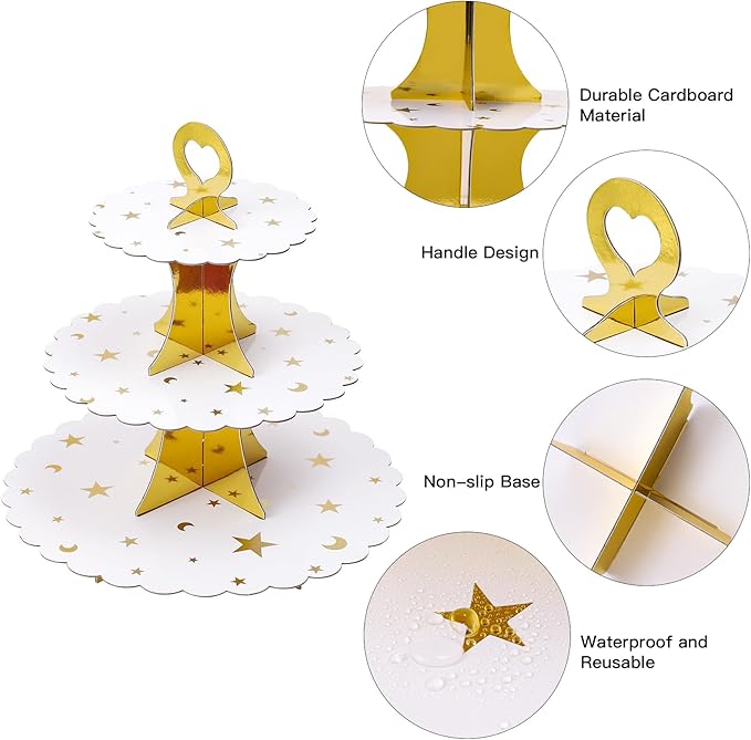 Soleebee 3-Tier Cupcake Stand, Cardboard Cupcake Tower, Dessert Cup Cake Stand Tower for Birthday Wedding Party Decoration, Cupcake Tier Stand 1 Set (Gold Moon and Star)