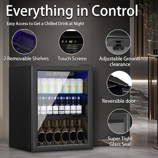 Compact 70 Can/1.7Cu.Ft Mini Fridge For Soda, Beer Or Wine, Portable Small Beverage Refrigerator With Digital Display&Removable Shelves &Reversible Glass Front Door For Office, Dorm, Bar