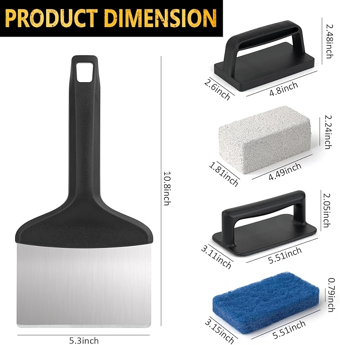 Griddle Cleaning Kit for Blackstone, Flat Top Grill Cleaning Kit Include Griddle Brush &Handle, Grill Stone Cleaning Brick, Scouring Pads & Griddle Scraper- Easy to Remove Stain