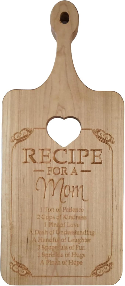 Maple Wood Cutting Board with Heart Design, Recipe for a Mom Engraving, Decorative Kitchen Display, Paddle Shaped Cutting Board, Mother's Day Gift