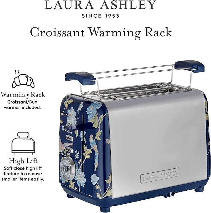 VQ Laura Ashley Elveden Navy Stainless Steel 2 Slice Toaster | Multi-Functional Bagels & Bread Toaster 2 Slice with Adjustable Heating & Defrost Mode | Featuring 2 Wide Slots, Croissant Warming Rack