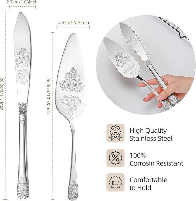 Tiokin Cake Cutting Set for Wedding, Elegant Cake Knife and Server Set with Thickened Stainless Steel Rounded Edges, Cake Cutter Pie Spatula for Birthday Anniversary Christmas 2 Pcs Silver