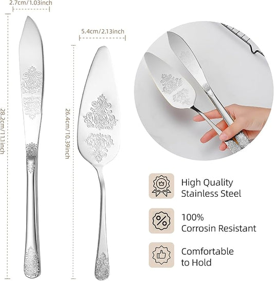 Tiokin Cake Cutting Set for Wedding, Elegant Cake Knife and Server Set with Thickened Stainless Steel Rounded Edges, Cake Cutter Pie Spatula for Birthday Anniversary Christmas 2 Pcs Silver