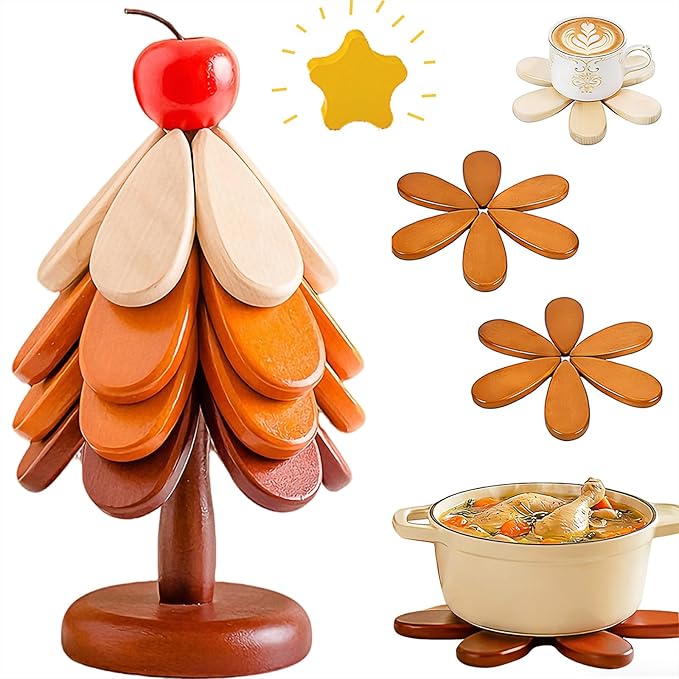 2 Toppers Wooden Tree Trivets Set of 4 for Hot Dishes, Wood Cup Coasters for Drinks, Hot Pads for Hot Pot/Hot Pan & Plate, Christmas Modern Kitchen Counter Decor, Cooking Accessories