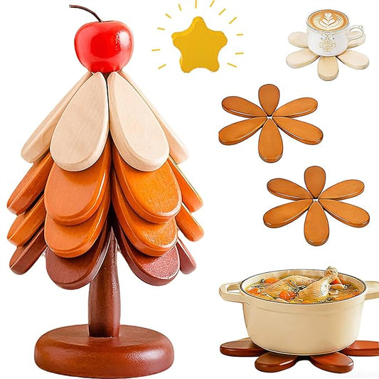 2 Toppers Wooden Tree Trivets Set of 4 for Hot Dishes, Wood Cup Coasters for Drinks, Hot Pads for Hot Pot/Hot Pan & Plate, Christmas Modern Kitchen Counter Decor, Cooking Accessories