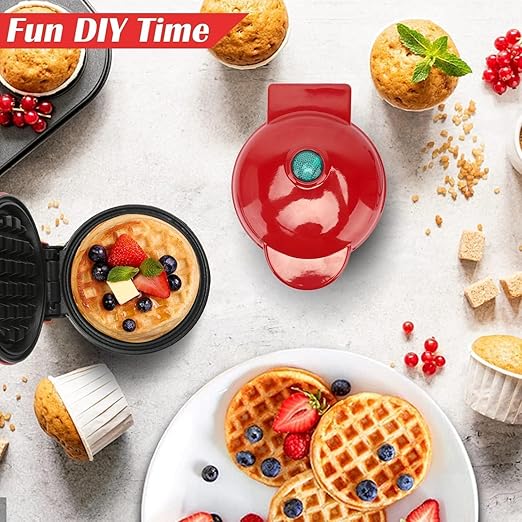 Holstein Housewares Personal/Mini Waffle Maker, Non-Stick Coating, Red- 4-inch Waffles in Minutes, Ideal for Breakfast, Brunch, Lunch or Snacks