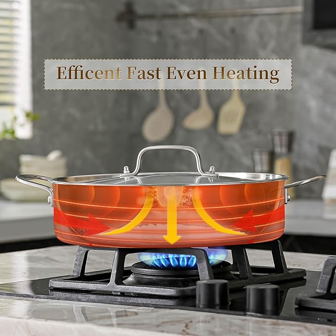 DELARLO Tri-Ply Stainless Steel Braiser Pan with Lid Nonstick 6 Quart Cooking Pot Induction Rondeau Deep Frying Pan,Large Saute Pan,Heavy Duty,Dishwasher and Oven Safe to 550℉