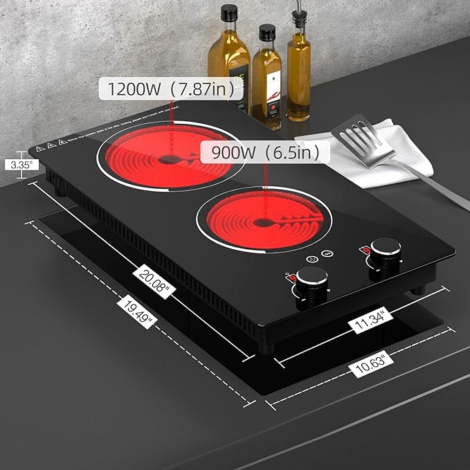 2 Burner Electric Cooktop - 12" Infrared Electric Stove Top with Knob Control, Countertop & Built-in, 2100W Ceramic Electric Hot Plate with 9 Power Levels, Child Lock, Timer, Residual Heat Warning