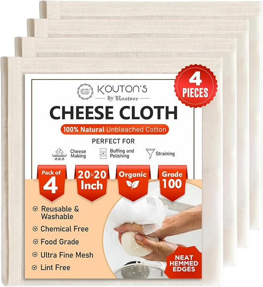 100% Unbleached Cheese Cloths – 4 Pcs Precut 20x20 inch Hemmed Reusable Cheesecloth for Straining - Grade 100 Organic Cheese Cloth - Ultra Fine Muslin Cloth for Juicing Brewing Baking Turkey