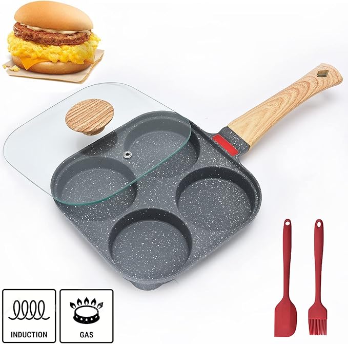 MIHUNTER 4-Cup Aluminum Nonstick Egg Pan with Lid, Suitable for Gas Stove & Induction Cookware