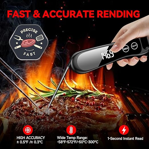 Digital Meat Thermometer 1 Second Instant Read Thermometer for Cooking,Grilling, Candy, BBQ, 180°Folding Probe IP67 Waterproof LCD Screen Thermometer Gifts for Her