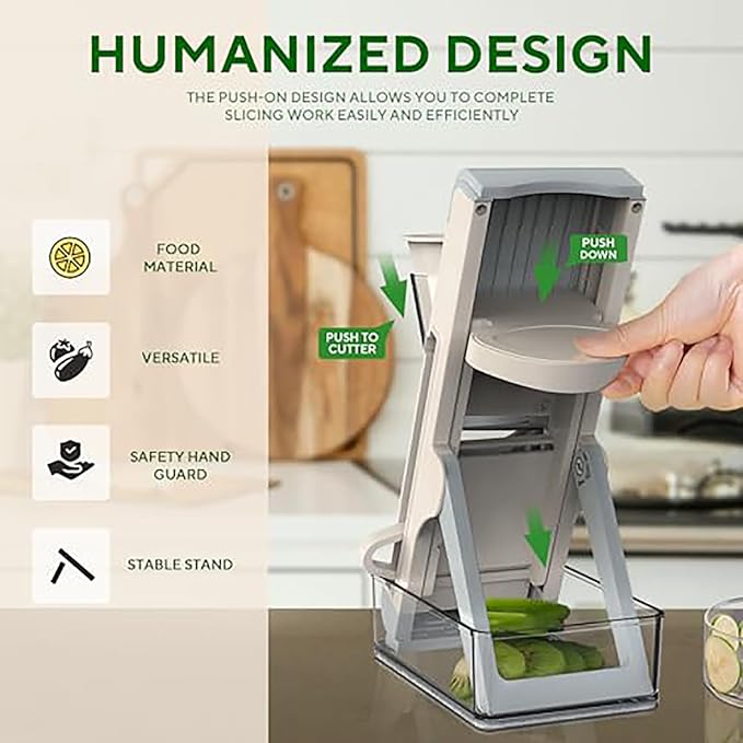 Eletronova Safe Mandoline Slicer for Kitchen, Multi Vegetable Slicer with Thickness Adjuster, Finger-Safe Food Holder, Potato/Onion/Cucumber Slicer for Fast Meal Prep Chopper, Easy Clean (Grey)