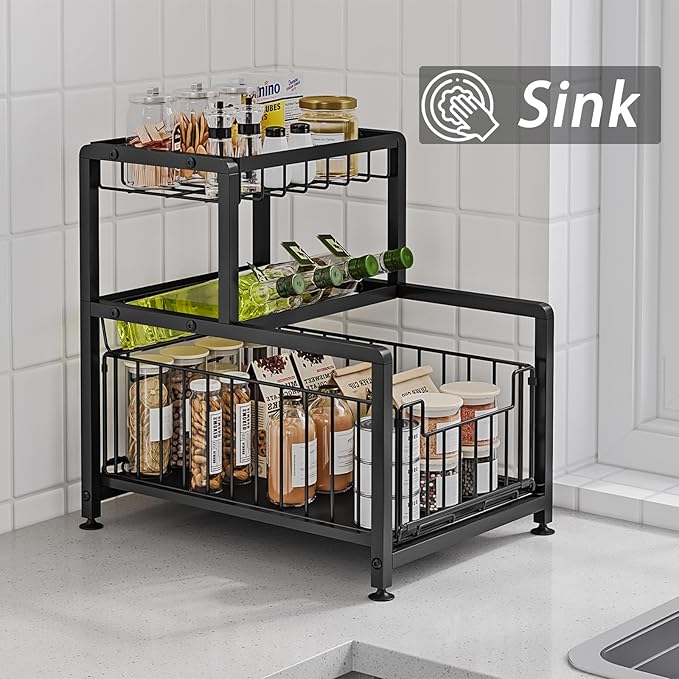 Under Sink Organizers, Pull Out Cabinet Organizer and Storage, Kitchen Cabinet Storage Shelf, Slide Out Spice Rack Organizer, Slip-Resistant Organizer Shelves with Drawer Design (Black, 3Tier)