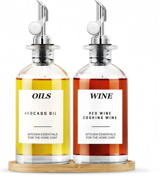 Olive Oil Dispenser for Kitchen, 11.8oz/350ml Glass Oil Bottles with Bamboo Tray and Labels, Oil&Soy sauce Cruet Set, Kitchen Dispenser Bottles with Pourer | Set of 2 (Silvery, 11.8, ounces)