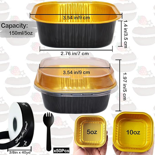 BZIDII 5oz Mini Cake Pans With Lids 50 Pack Aluminum Foil Square Brownie Baking Cups,Disposable Loaf Pans With Lids and Spoons Ribbon,Cupcake Pans Muffin Cake Tins Cake Container(Black)