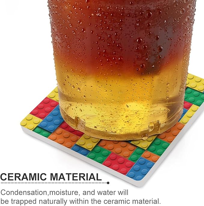 Gamer Drink Coasters, Square Ceramic Drink Coaster Square-4PCS, Kids Colorful Building Blocks Toys Decor Absorbent Ceramic Coasters for Beverage Cup, Bar, Coffee Table