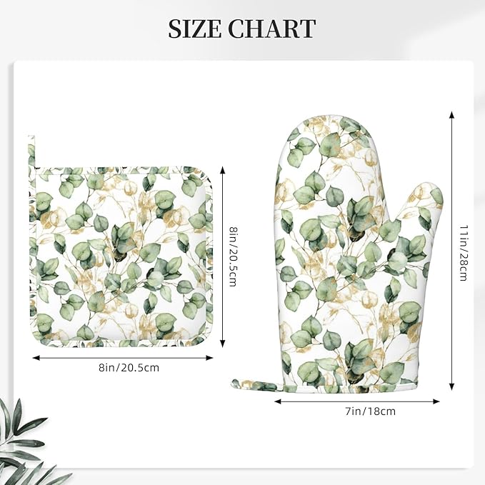 Gold Eucalyptus Branches Silicone Oven Mitts and Pot Holders Sets Green Leaves Kitchen Mitts Potholder Kitchen Accessories for Cooking Baking BBQ