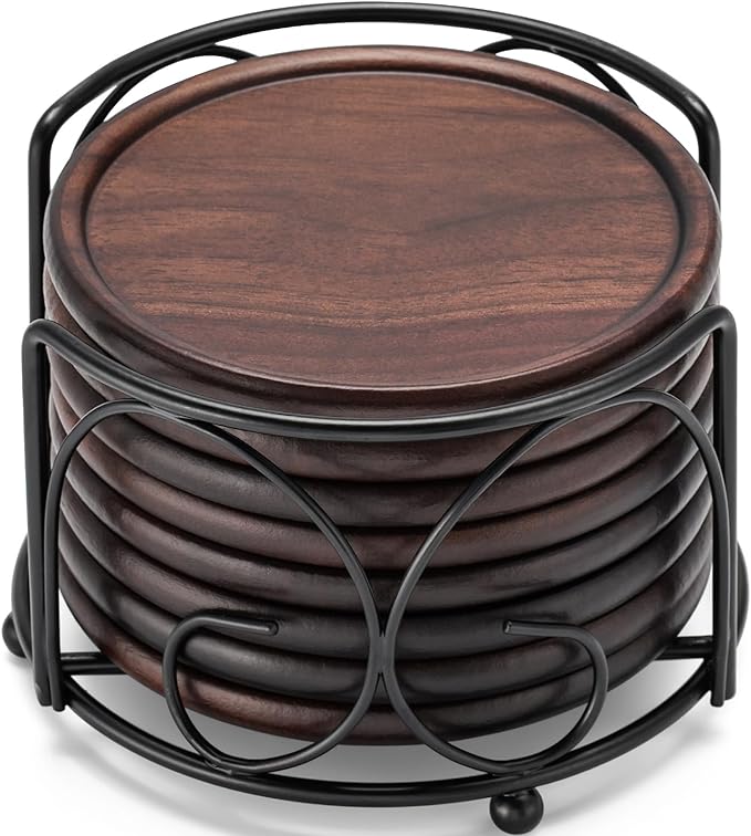 Wood Coasters with Holder, GOH DODD Set of 8 Walnut Wooden Coaster Tabletop Protection for Drinks Coffee Table Home Kitchen Office Bar Living Room Decor Housewarming Gifts Wedding Party, 4 Inch