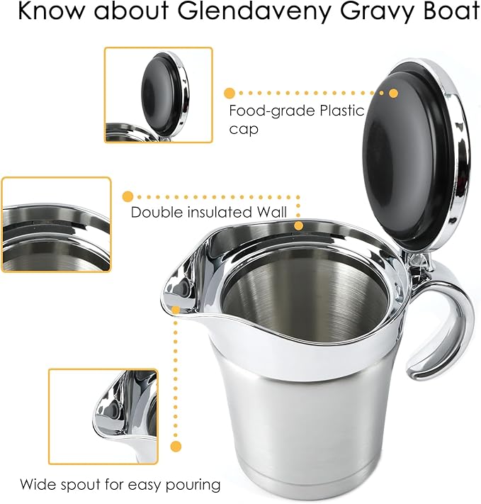 Double Insulated Gravy Boat, 18/8 Stainless Steel Sauce Jug Gravy Boat with Hinged Lid - Ideal for Gravy or Cream at Thanksgiving, Halloween, Christmas, Dishwasher safe (450ML/16 OZ)