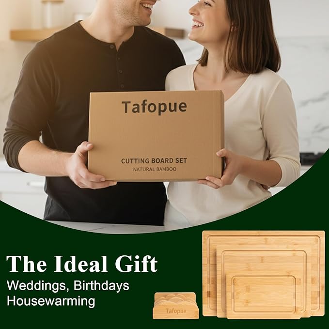 Tafopue Bamboo Cutting Board Set of 3 with Stand, Wooden Chopping Boards for Kitchen, Reversible Butcher Block with Juice Groove & Handle, Charcuterie Boards for Meat, Vegetables, Fruit, Cheese