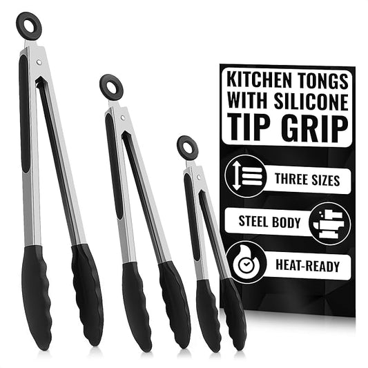 Kitchen Tongs Set of 3-7/9/12" Silicone Tipped Tongs for Cooking with Stainless Steel Build for Heat Resistant Handling, Non Stick & Easy-Lock Storage – Versatile Set for Meat Flipping & Salad Prep