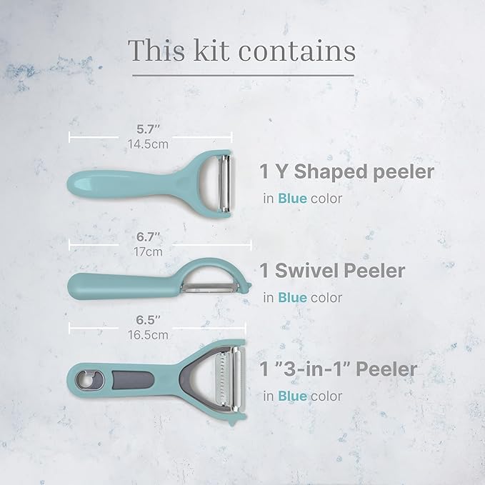 Vegetable Peeler 3-Piece Set – Swivel Cutter, Y-Shaped Slicer, and Julienne Peeler with Bottle Opener and Built-in Eye Remover – Stainless Steel Blade with Comfortable Handle for Kitchen – Pastel Blue