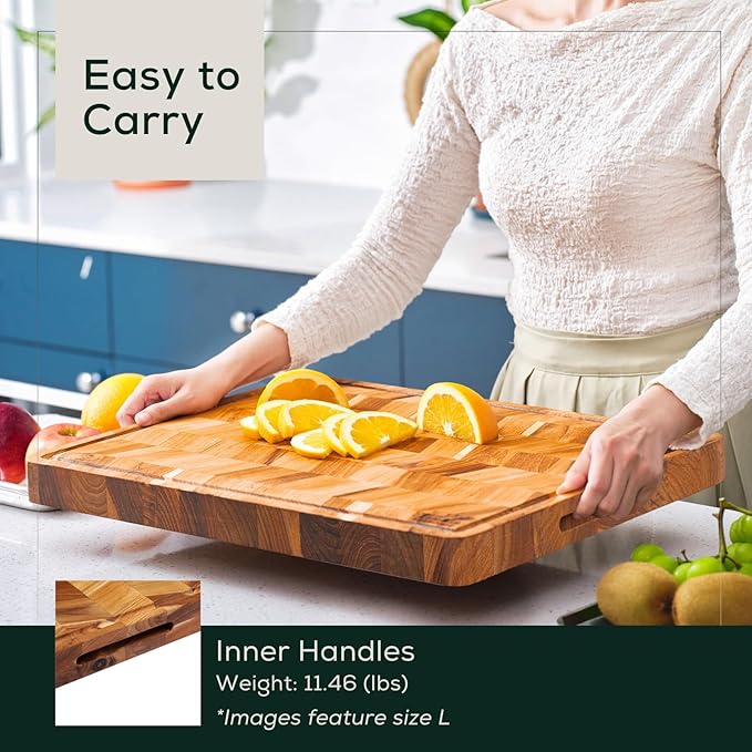 EZ FURNITURE Extra Large (XL) Teak Wood Premium Cutting & Serving Board, Knife Friendly, Pre-Oiled End Grain with Juice Groove & Handles, Non-Toxic (24"Lx18"Wx1.15"Th)