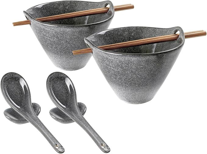 UNICASA Japanese Ramen Bowl Set with Chopsticks, Spoons and Rests, 20oz Deep Porcelain Noodle Bowl Set of 2 for Udon, Pho, Salad, Soup (Reactive Gray)