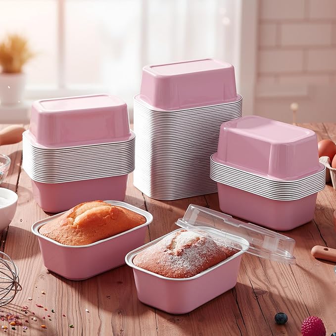 Vesici 100 Sets Mini Loaf Pans with Lids, 5.7 oz Disposable Aluminum Foil Baking Cups, Rectangle Cake Pans for Pudding Desserts Muffin Baking Storage Valentines Wedding Birthday Party(Pink)