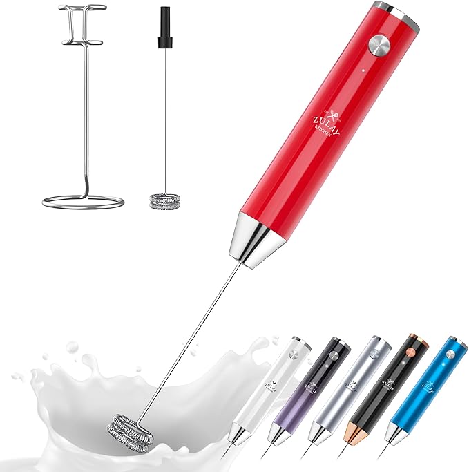 Zulay Kitchen Rechargeable Milk Frother Handheld Lux - Powerful 2-Speed Motor, Waterproof, 2000mAh Battery - Drink Mixer for Latte, Cappuccino, Matcha & Protein Powder - Scarlet