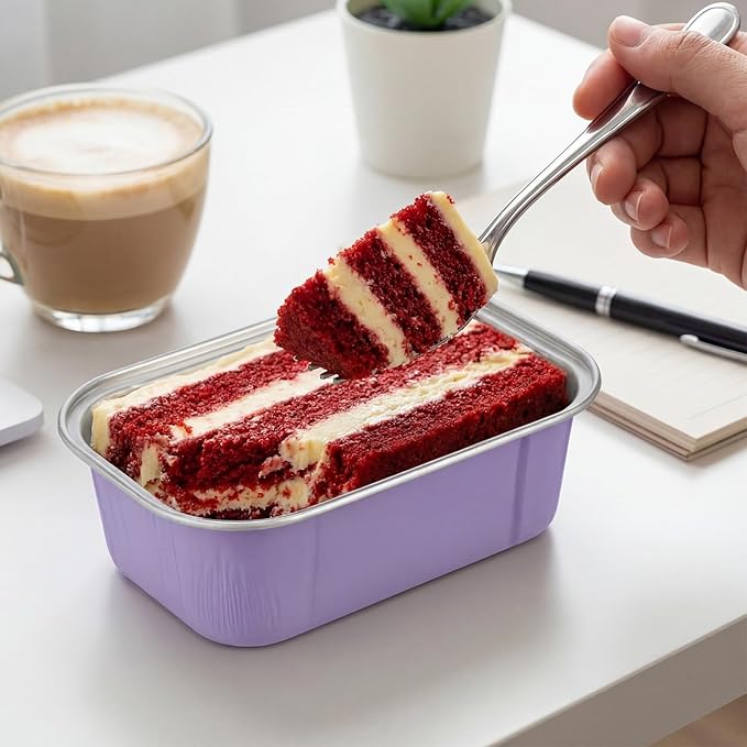 Vesici 100 Sets Mini Loaf Pans with Lids, 5.7 oz Disposable Aluminum Foil Baking Cups, Rectangle Cake Pans for Pudding Desserts Muffin Baking Storage Valentines Wedding Birthday Party(Purple)