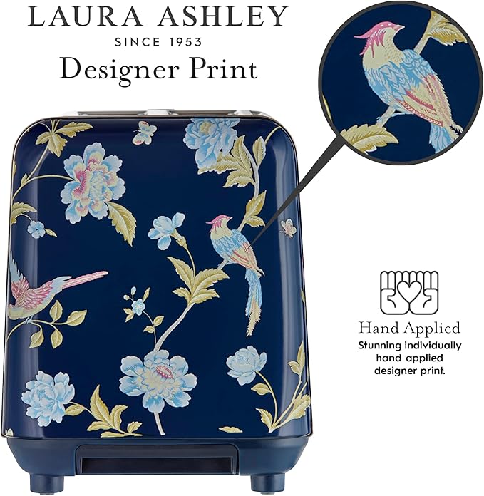 VQ Laura Ashley Elveden Navy Stainless Steel 2 Slice Toaster | Multi-Functional Bagels & Bread Toaster 2 Slice with Adjustable Heating & Defrost Mode | Featuring 2 Wide Slots, Croissant Warming Rack