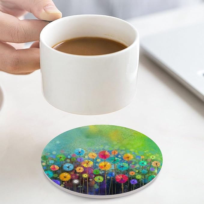 Round-4PCS Floral Ceramic Coasters, Round Absorbent Drink Coasters, Watercolour Abstract Wildflower Nature Plant Colorful Floral Ceramic Table Coasters for Coffee, Beverage, Wine, Beer Coasters