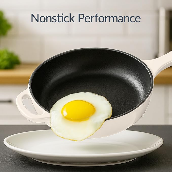 Best Choice Products Non-Stick Pot & Pan Cookware Set, Cast Iron, 2Qt Skillet W/Lid, 10" Grill Or Griddle Pan W/Press, 6Qt Enameled Dutch Oven, Non-toxic, For Cooking & Grilling - Vanilla