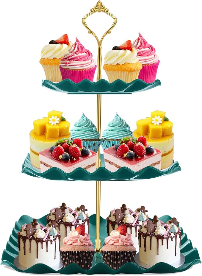 Dessert Cupcake Stand, 3 Tier Cup Cake Holder Tower for Tea Party/Birthday/Wedding, Plastic Tiered Serving Tray with Metal Rod (Green)