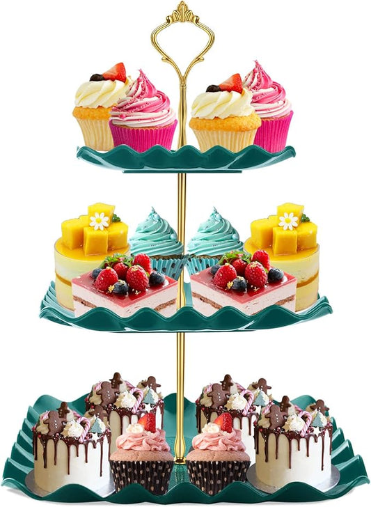 Dessert Cupcake Stand, 3 Tier Cup Cake Holder Tower for Tea Party/Birthday/Wedding, Plastic Tiered Serving Tray with Metal Rod (Green)