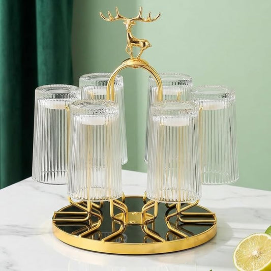 Rotating Cup Drying Rack Stand, 6 Cups Drinking Glass Holder, Non-Slip Steel Mug Drainer Organizer, Glass Cup Stand with Silicone Protective Hooks, Tumbler Dryer Tree for Kitchen, Countertop