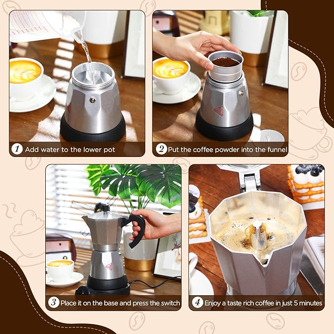 Lemosae Coffee Pot 6 Cup Electric Espresso Coffee Maker Italian Moka Maker 300ml Portable Aluminum Espresso Machine Cafetera Moka Pot with Detachable Base, Gift for Home Travel(Aluminum Color)