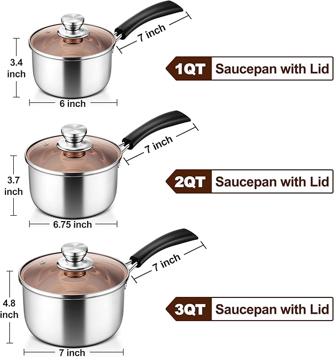 LIANYU 1QT & 2QT & 3QT Saucepan Set with Lids, 18/10 Stainless Steel Sauce Pan Cookware Sets, Kitchen Cooking Small Pots with Long Heatproof Handle, Easy Clean & Dishwasher Safe