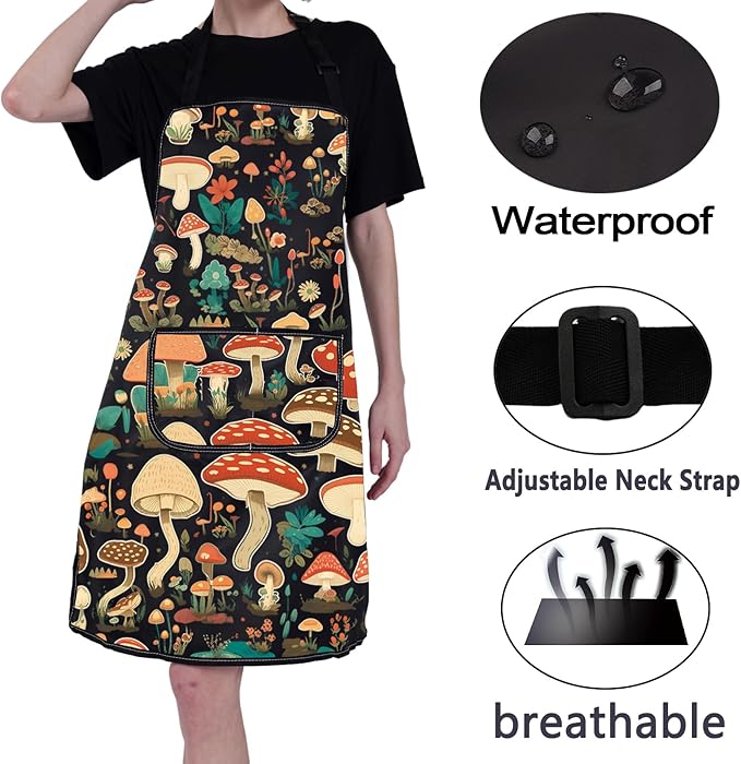 CMNIM Mushroom Aprons with Pockets - Cooking, Baking, Gardening Apron - Mushroom Lover Gift